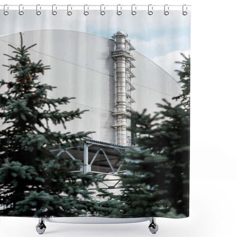 Personality  PRIPYAT, UKRAINE - AUGUST 15, 2019: Selective Focus Of Abandoned Chernobyl Reactor Near Green Pines  Shower Curtains