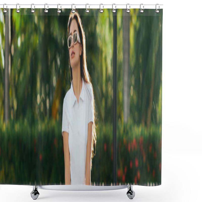 Personality  Attractive And Young Brunette Woman With Long Hair Standing In White Polo Shirt And Trendy Sunglasses Near Blurred And Green Palm Trees In Miami, Iconic City, Sunny Day, Travel, Vacation, Banner  Shower Curtains