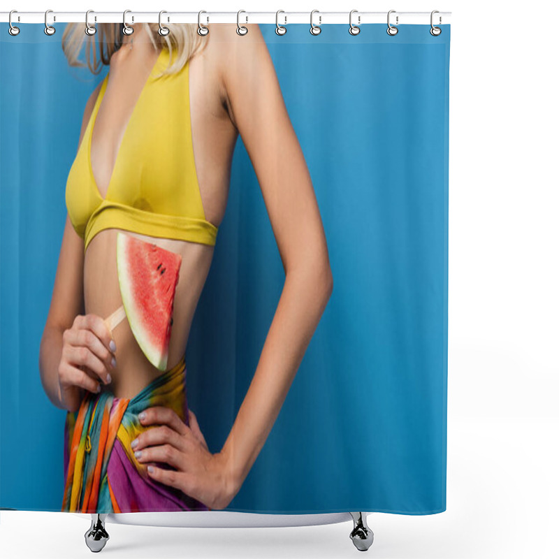 Personality  Partial View Of Young Woman Standing With Hand On Hip And Holding Popsicle Stick With Watermelon On Blue Shower Curtains