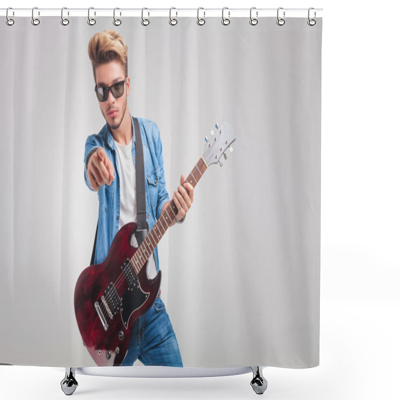 Personality  Man Wearing Sunglasses And Playing Guitar In Studio Shower Curtains