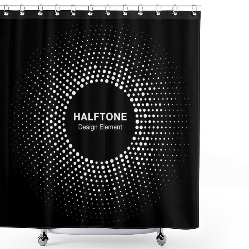 Personality  Halftone Circle Vector Frame With White Abstract Random Dots, Logo Emblem Design Element For Technology, Medical, Treatment, Cosmetic. Round Border Icon Using Halftone Circle Dots Raster Texture. Shower Curtains