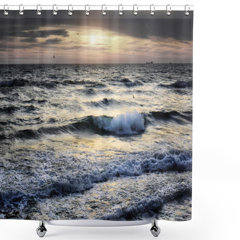 Personality  Portrait Of Sea Wave On Sunset Shower Curtains