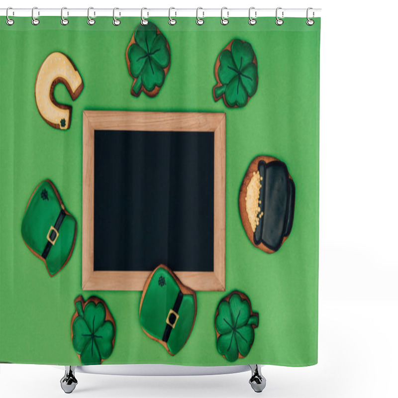 Personality  Top View Of Empty Board With Icing Cookies Isolated On Green, St Patricks Day Concept Shower Curtains