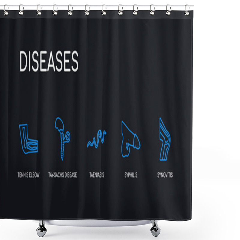 Personality  5 Outline Stroke Blue Synovitis, Syphilis, Taeniasis, Tay-sachs Disease, Tennis Elbow Icons From Diseases Collection On Black Background. Line Editable Linear Thin Icons. Shower Curtains