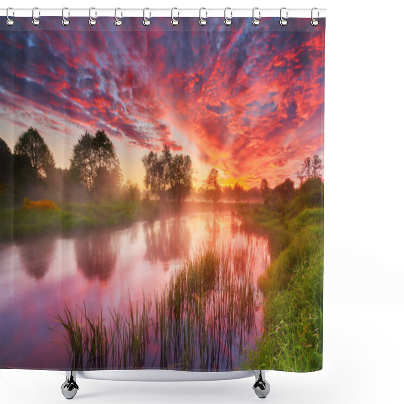 Personality  Beautiful Summer Sunrise Over River Banks Shower Curtains