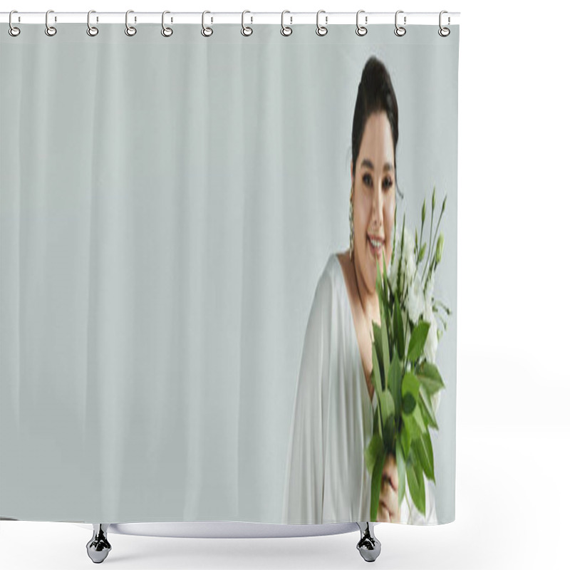 Personality  A Radiant Plus Size Bride Smiles While Holding A Bouquet Against A Sleek Grey Backdrop. Shower Curtains