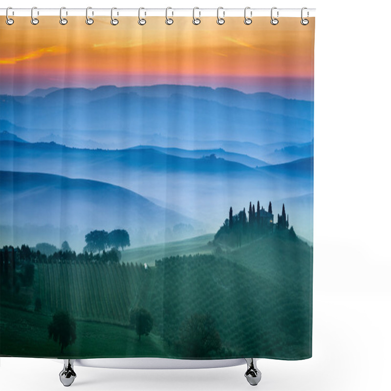 Personality  Beautiful View Of Green Fields And Meadows At Sunset In Tuscany Shower Curtains