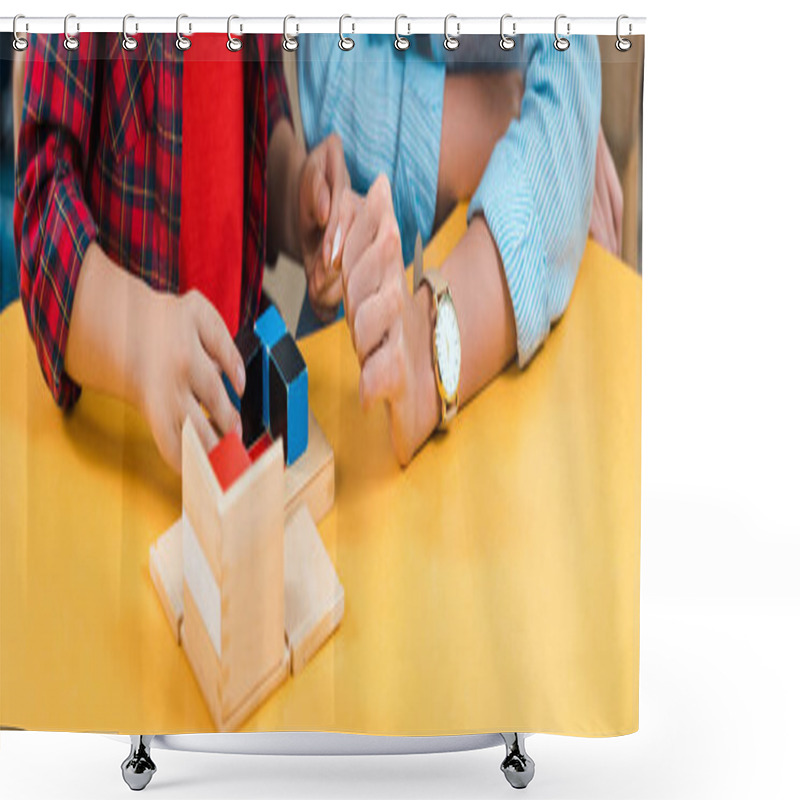 Personality  Cropped View Of Teacher And Kid Playing Building Blocks At Desk In Montessori Class, Panoramic Shot  Shower Curtains