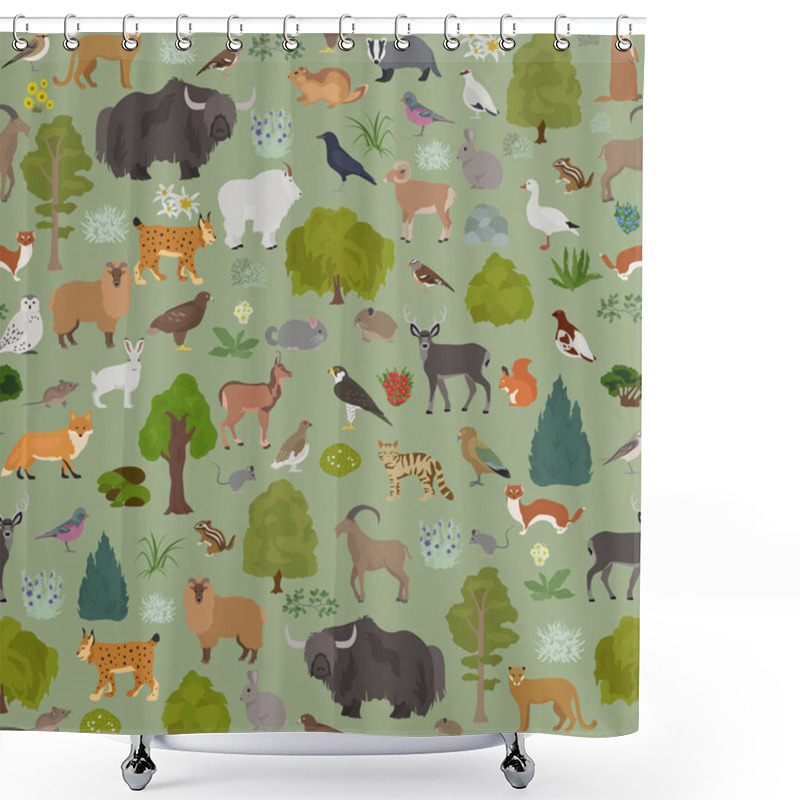 Personality  Apine Tundra Biome, Natural Region Seamless Pattern. Terrestrial Ecosystem World Map. Animals, Birds And Plants Design Set. Vector Illustration Shower Curtains