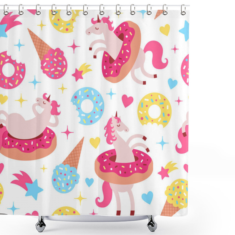 Personality  Vector Illustration Seamless Pattern With Fun Unicorns In Donuts On White Background. Cartoon Style Cute Character Shower Curtains