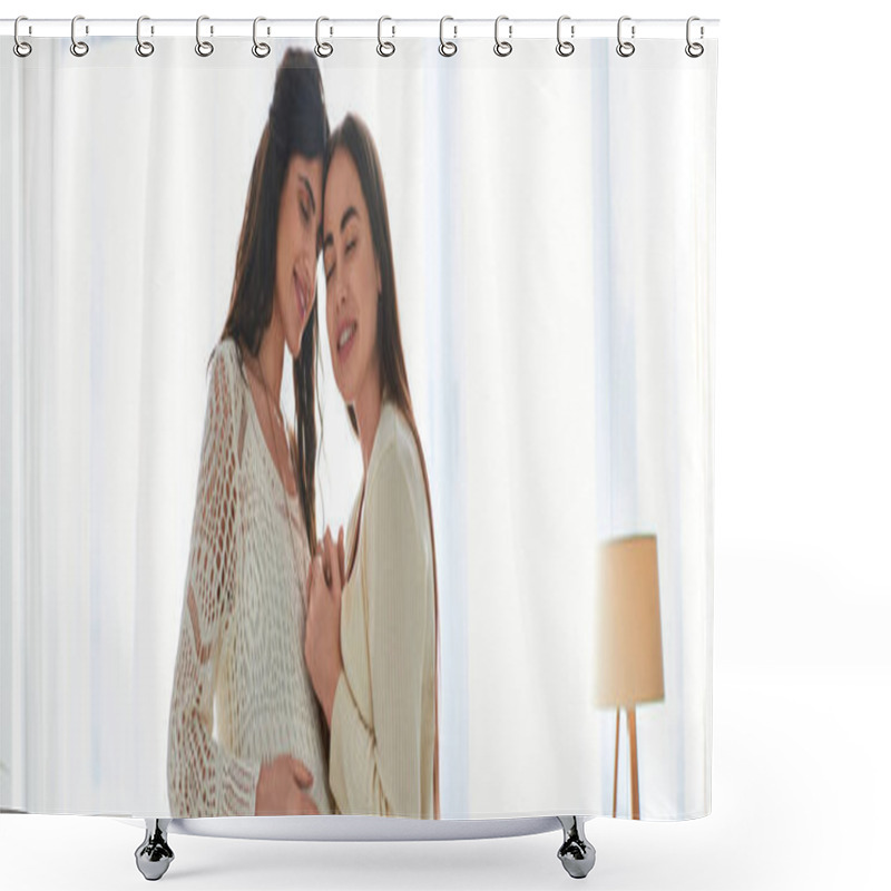 Personality  Happy Lgbt Couple Hugging Warmly Smiling With Closed Eyes, In Vitro Fertilization Concept, Banner Shower Curtains