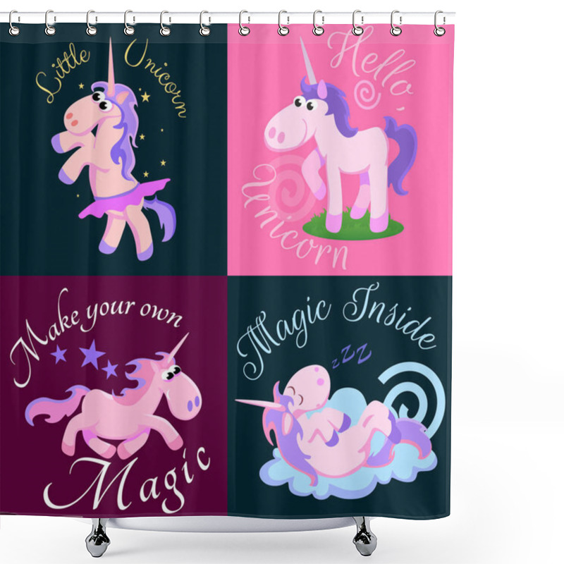 Personality  Cute Unicorn Isolated Set, Magic Pegasus Flying With Wing And Horn On Rainbow, Fantasy Horse Vector Illustration, Myth Creature Dreaming On Colored Background, Greeting Card Text Template Shower Curtains