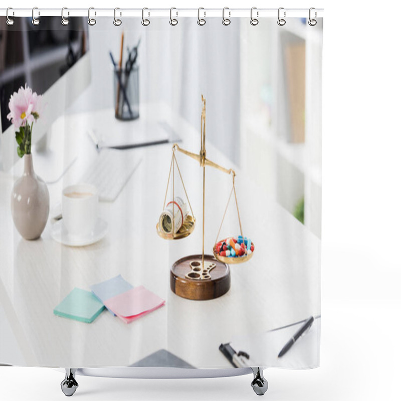 Personality  Justice Scales With Money And Drugs On Table In Business Office Shower Curtains