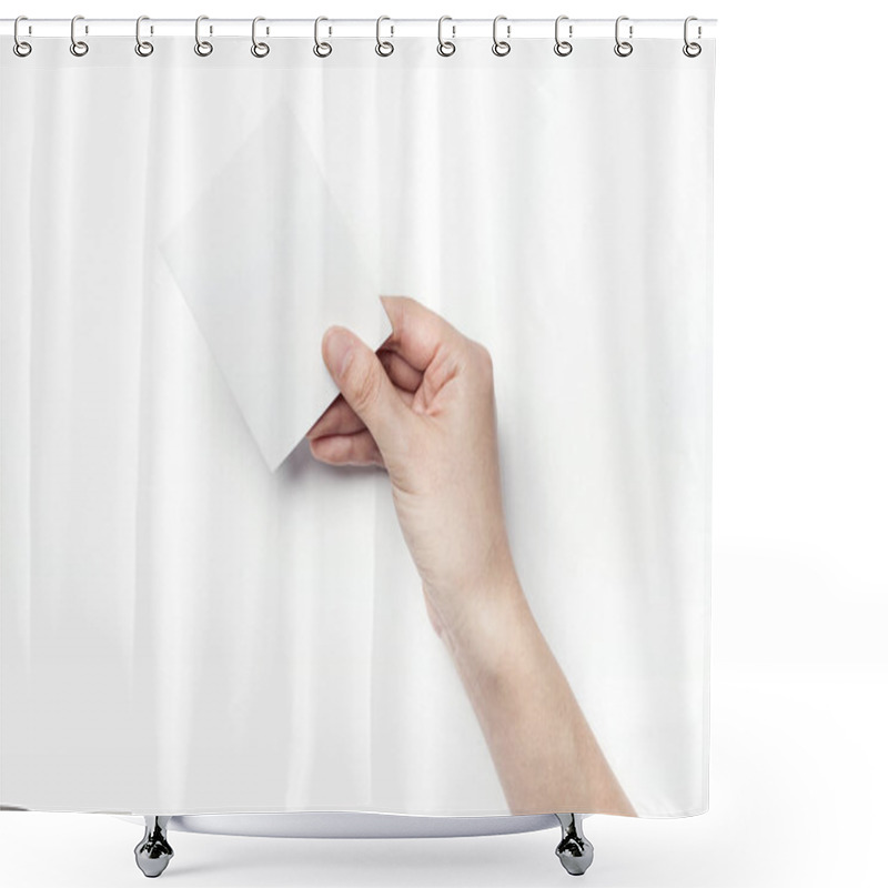 Personality  Holding A White Postcard. Shower Curtains