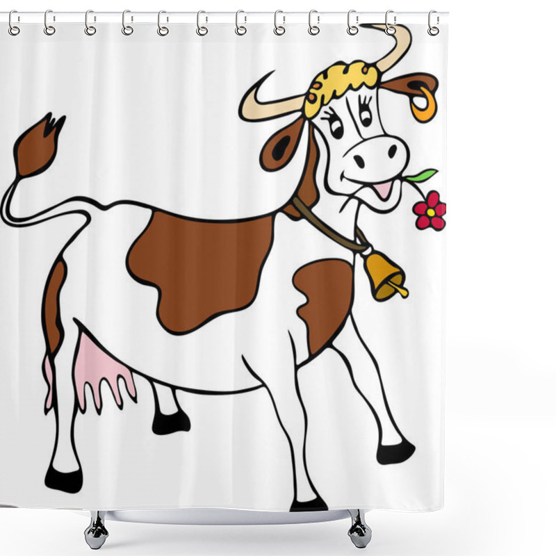 Personality   White Cow With Black Spots And A Yellow Bell On His Neck Shower Curtains