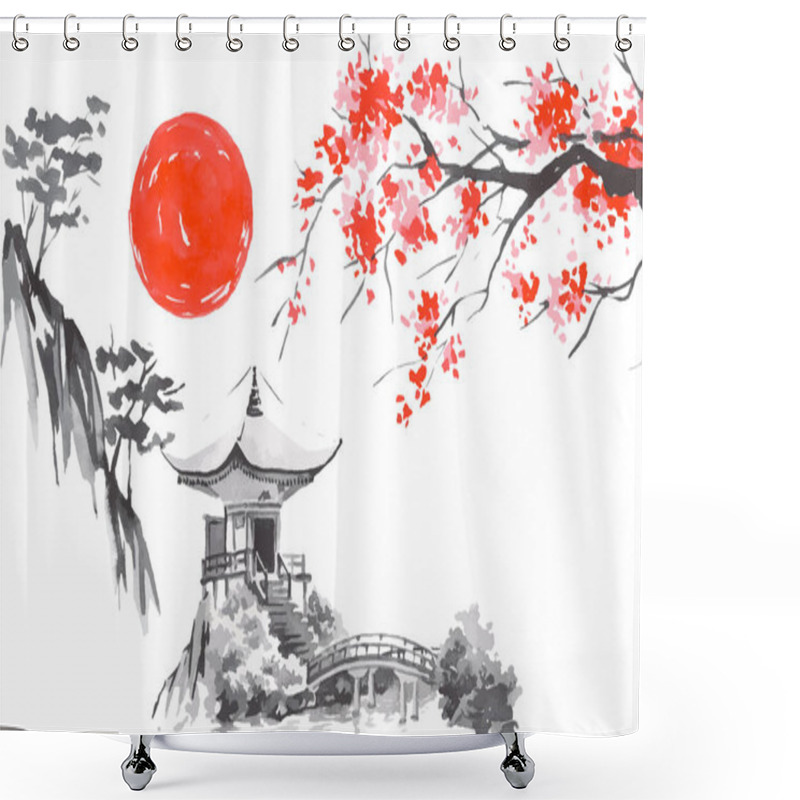 Personality  Japan Traditional Sumi-e Painting. Fuji Mountain, Sakura, Sunset. Japan Sun. Indian Ink Vector Illustration. Japanese Picture. Shower Curtains