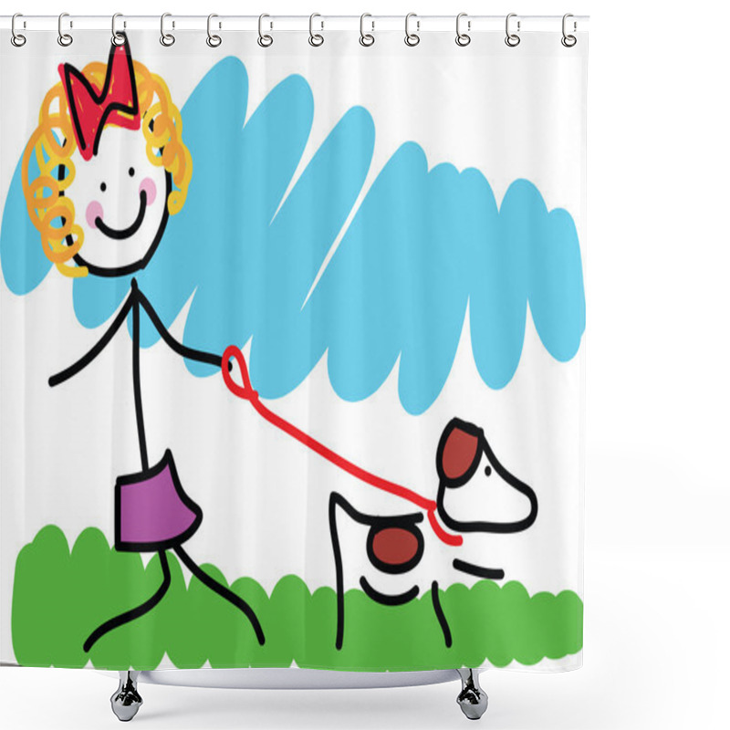 Personality  Little Girl And Dog Drawing Shower Curtains