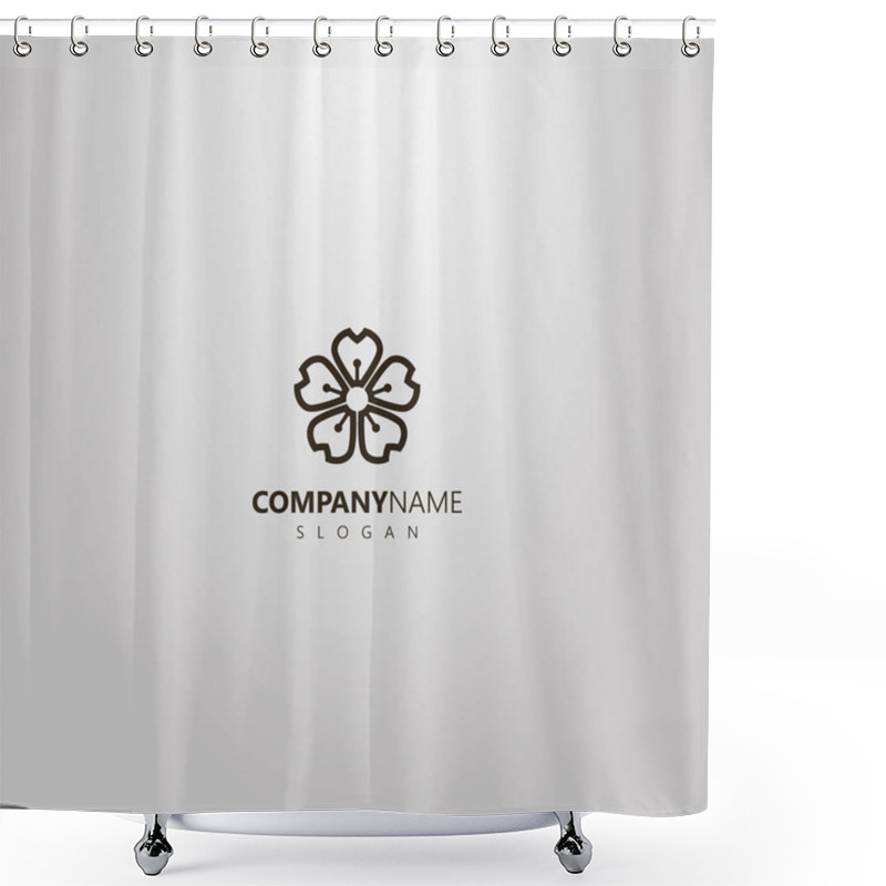 Personality  Black And White Simple Vector Line Art Outline Logo Of Five-leaf Cherry Flower Shower Curtains