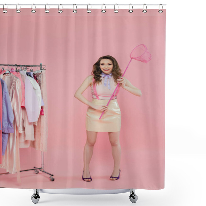 Personality  Fashion Concept, Happy And Young Woman Holding Net On Pink Background, Standing Near Rack With Clothes, Wardrobe Selection, Fashion And Trends, Doll-like Posing, Looking At Camera  Shower Curtains