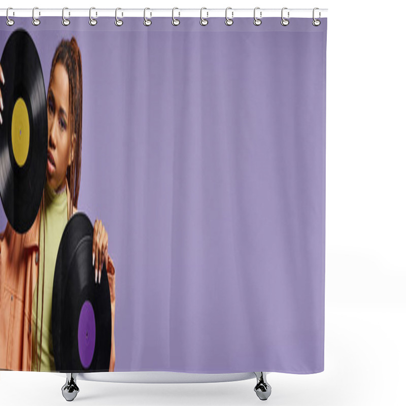 Personality  African American Girl In Her 20s With Dreadlocks Posing With Vinyl Discs On Purple Backdrop, Banner Shower Curtains