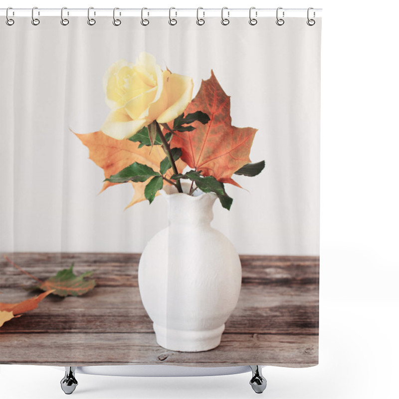 Personality  Still Life With Yellow Rose On Wooden Table Shower Curtains