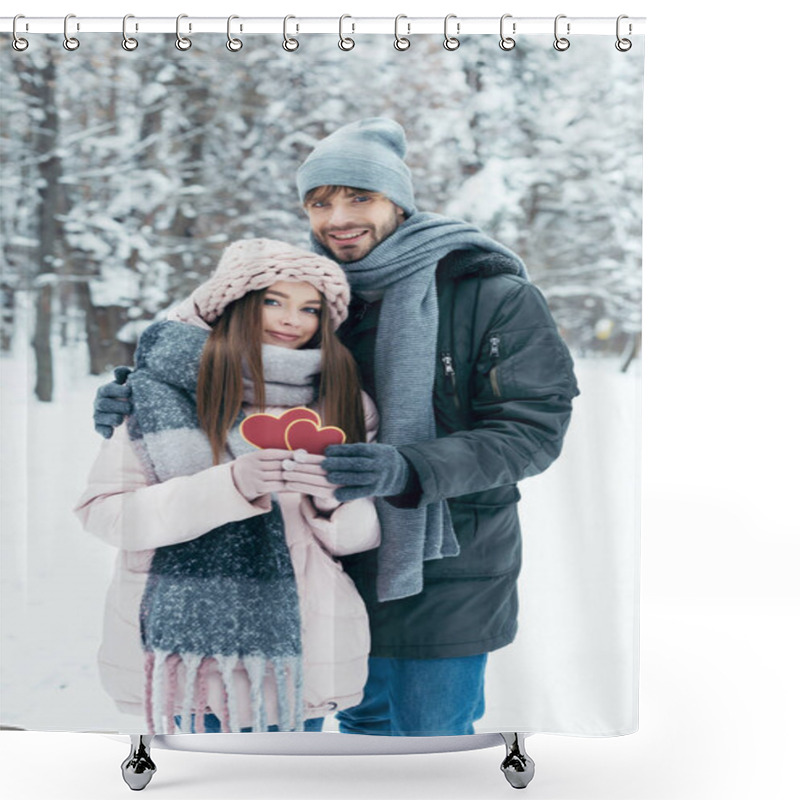 Personality  Tender Couple With Red Hearts In Snowy Park On Winter Day Shower Curtains