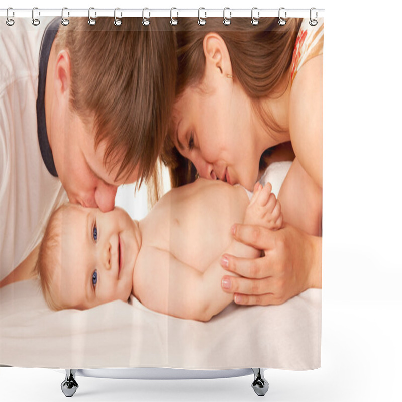 Personality  Happy Family Concept. Parents Kissing Baby Shower Curtains