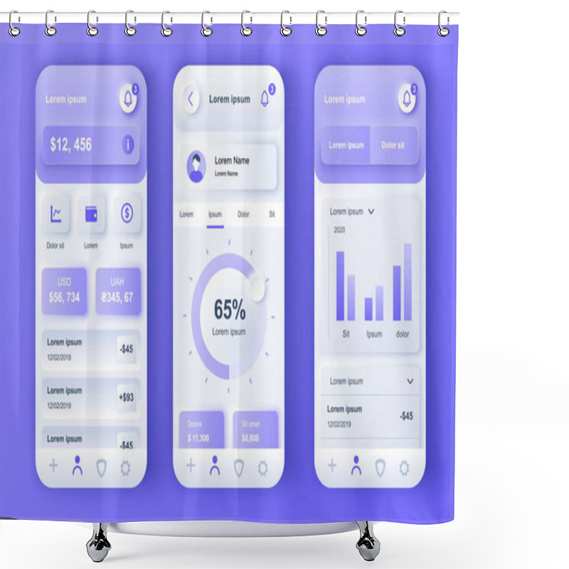 Personality  Finance Services Unique Neumorphic Design Kit For Mobile App. Credit Card Balance, Checking Account, Transaction Confirmation. Online Banking UI, UX Template Set. GUI For Responsive Mobile Application Shower Curtains