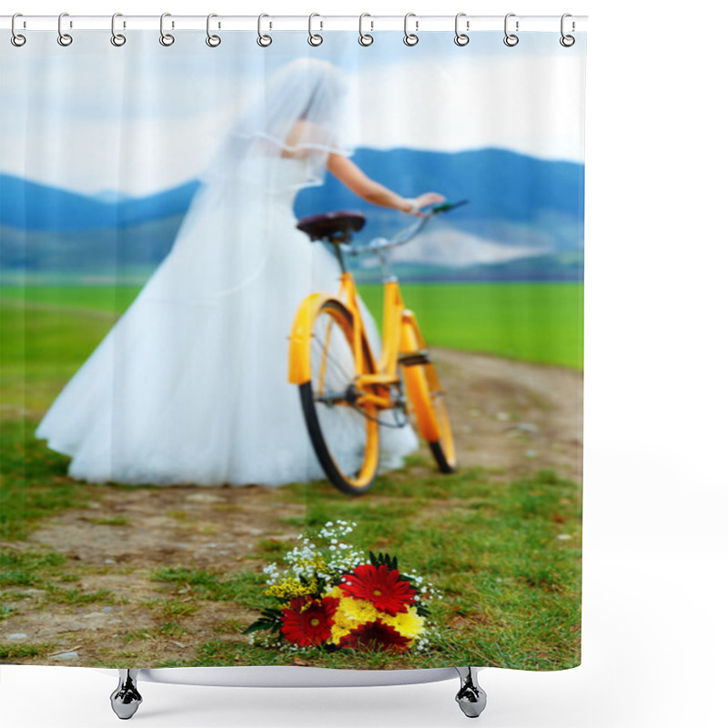 Personality  Bride On Orange Bike In Beautiful Wedding Dress With Lace In Landscape. With Wedding Bouquet. Wedding Concept. Shower Curtains