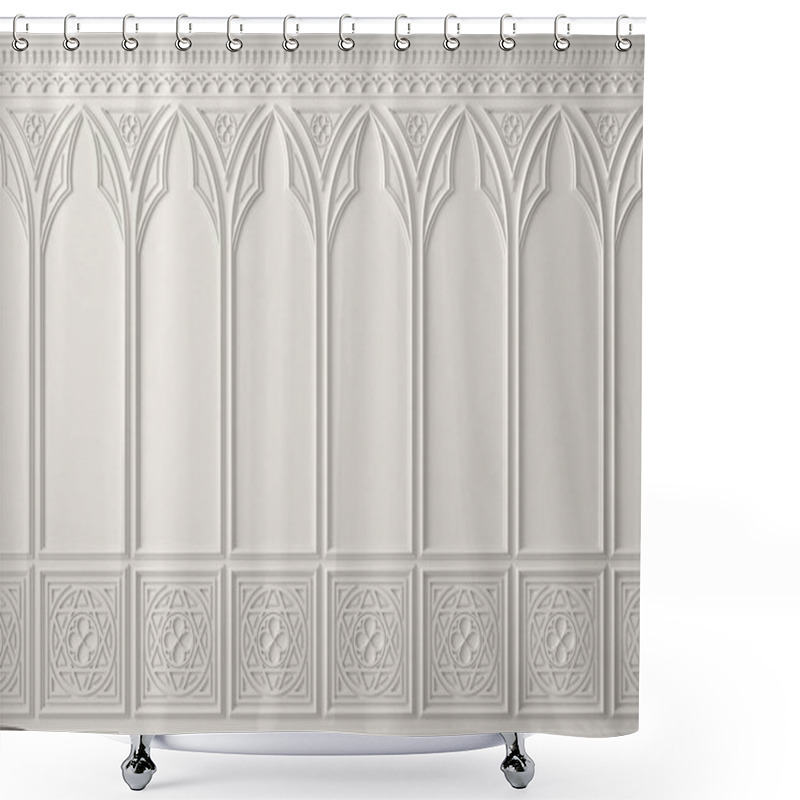 Personality  3d Illustration. Classic Cabinet Or Castle Wall Made Of Gothic Wood Paneling Shower Curtains