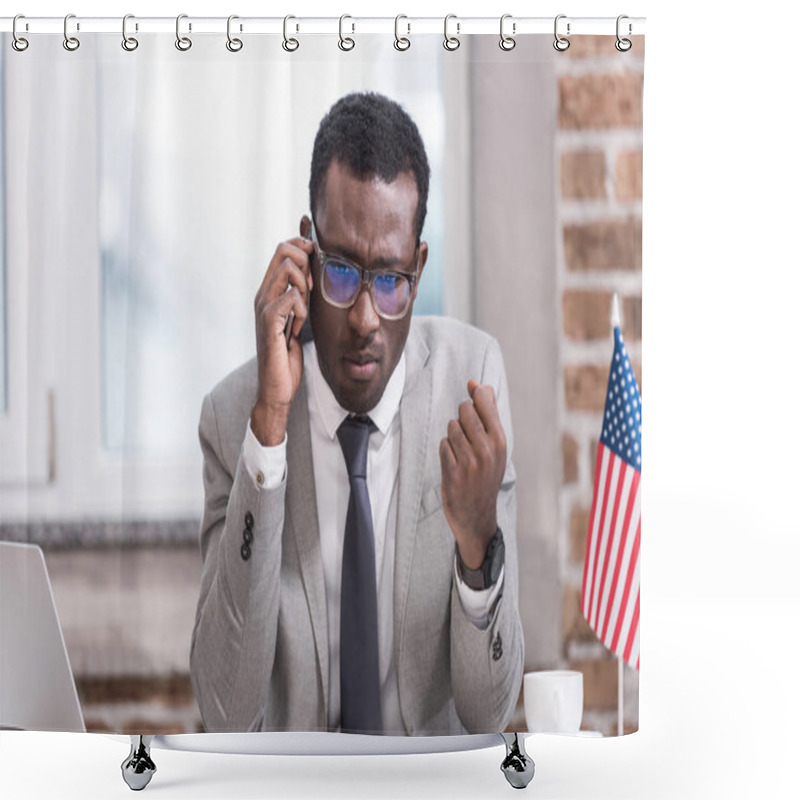 Personality  African American Businessman Talking On Smartphone In Modern Office  Shower Curtains