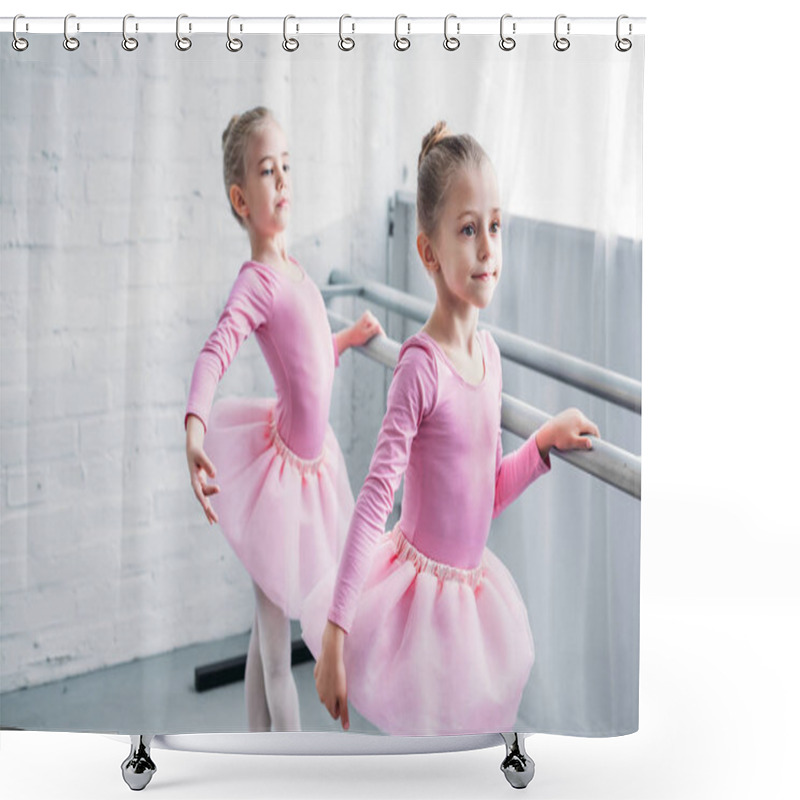 Personality  Beautiful Little Kids In Pink Tutu Skirts Practicing Ballet And Looking Away In Ballet Studio Shower Curtains