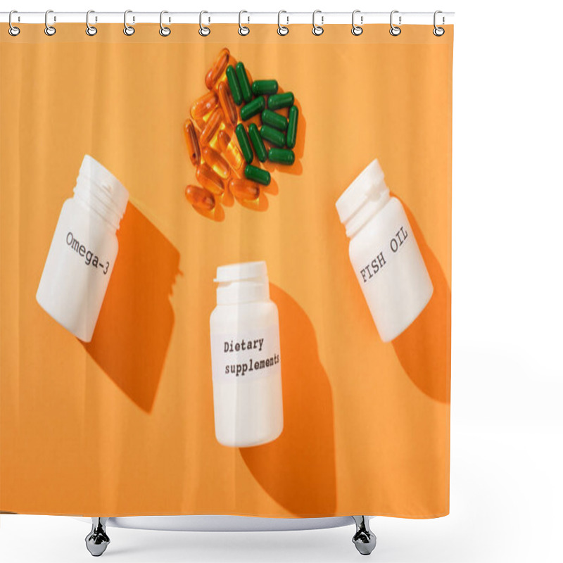 Personality  Top View Of Containers With Omega-3, Fish Oil And Dietary Supplements Lettering With Capsules On Orange Shower Curtains