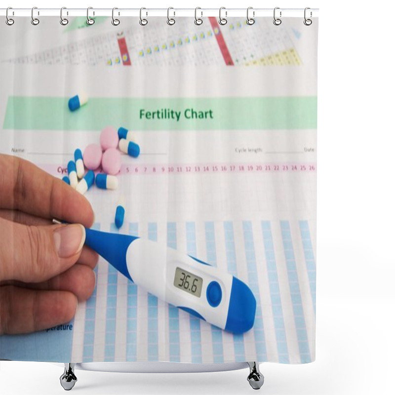 Personality  Woman Hand Holding Thermometer On Fertility Chart Shower Curtains