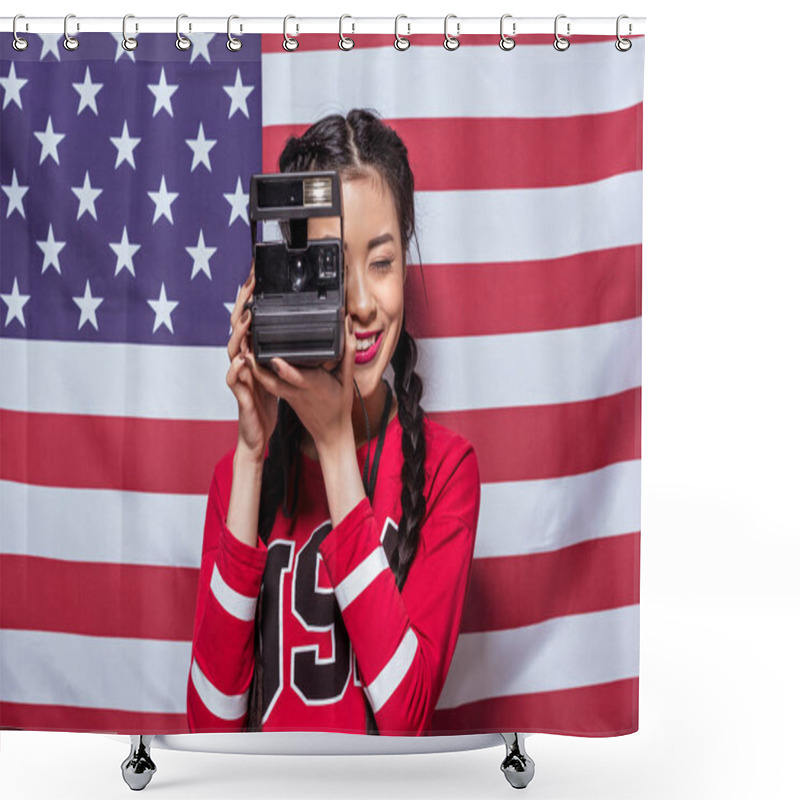 Personality  Woman Holding Retro Photo Camera Shower Curtains