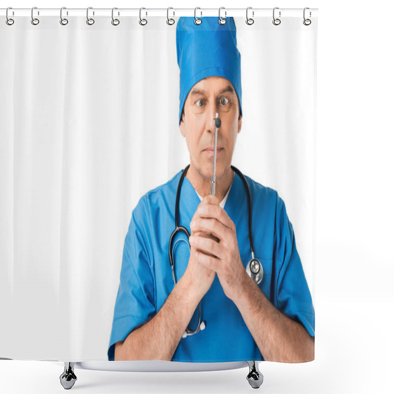 Personality  Doctor In Uniform Looking At Reflex Hammer Isolated On White Shower Curtains