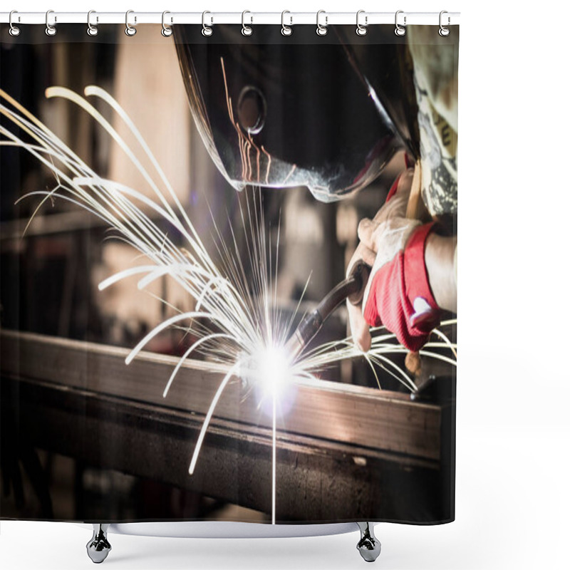 Personality  Man Using Mig Mag Welder Shower Curtains