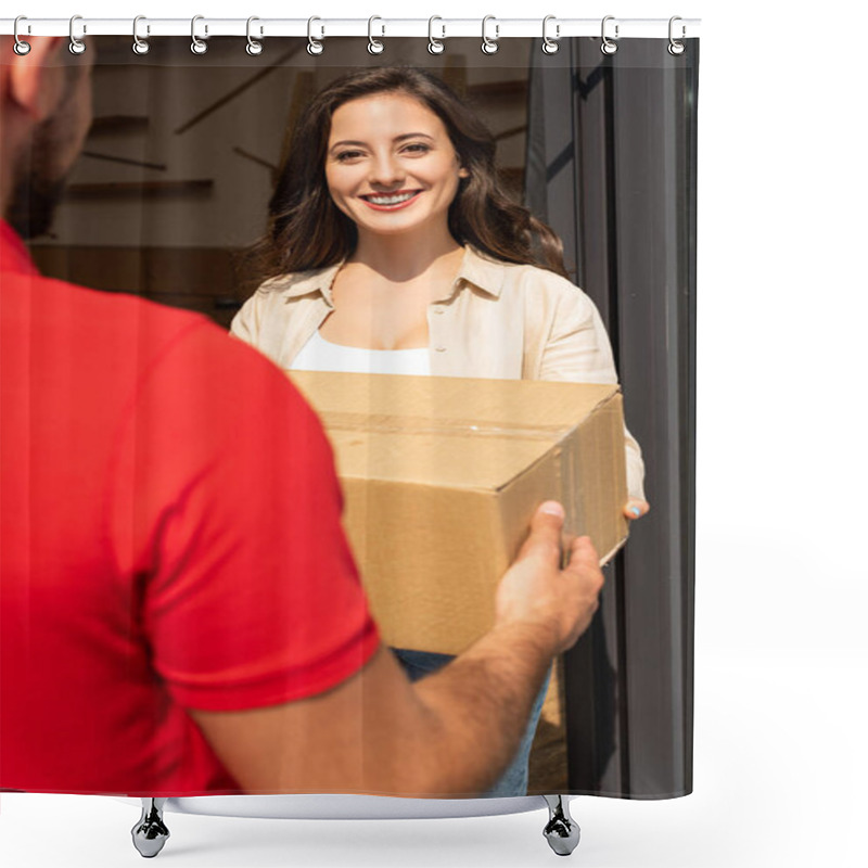 Personality  Cropped View Of Delivery Man Giving Cardboard Box To Cheerful Woman  Shower Curtains