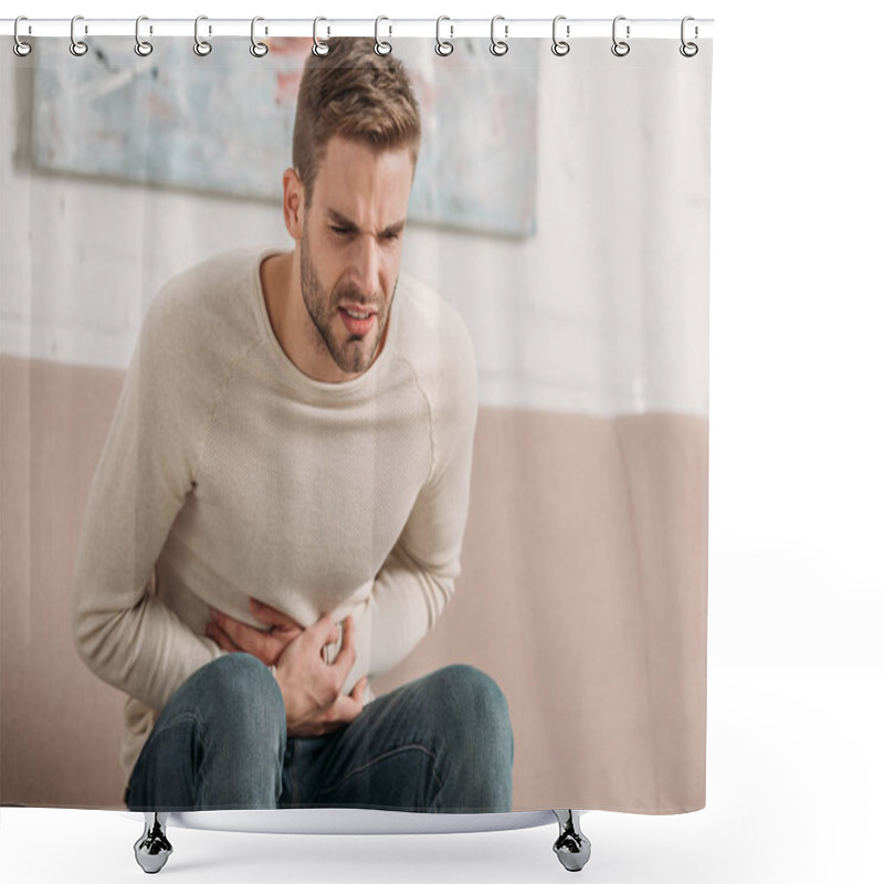 Personality  Young Man Sitting On Sofa And Touching Stomach While Suffering From Abdominal Pain Shower Curtains