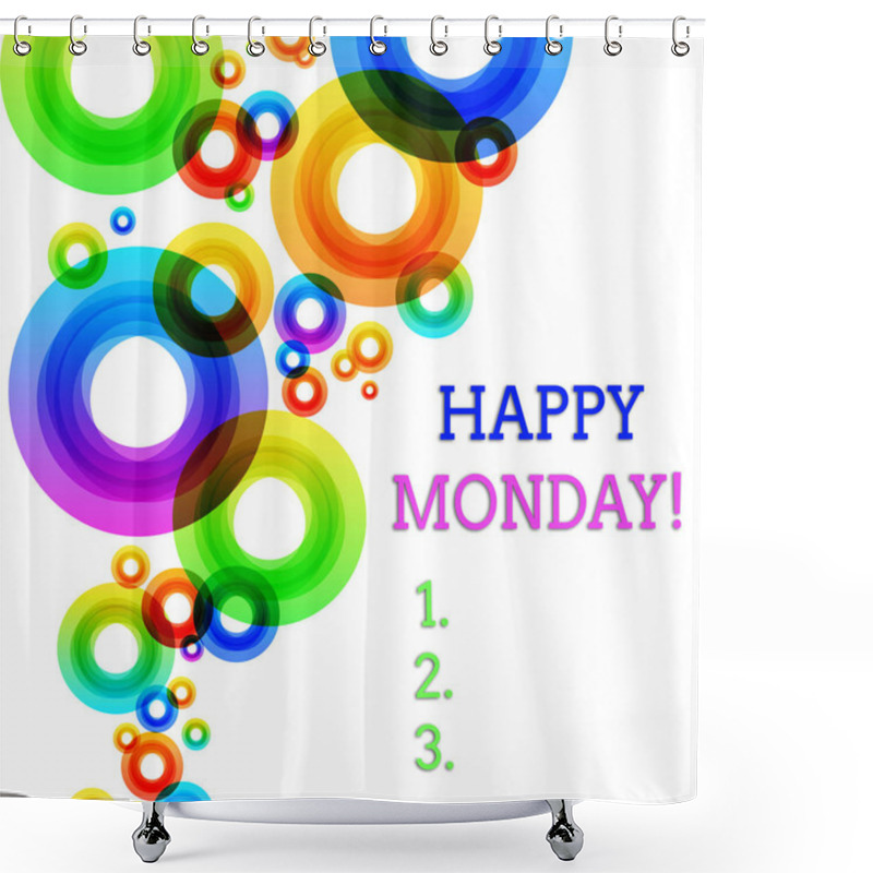 Personality  Word Writing Text Happy Monday. Business Concept For Telling That Demonstrating Order To Wish Him Great New Week Vibrant Multicolored Circles Disks Of Different Sizes Overlapping Isolated. Shower Curtains