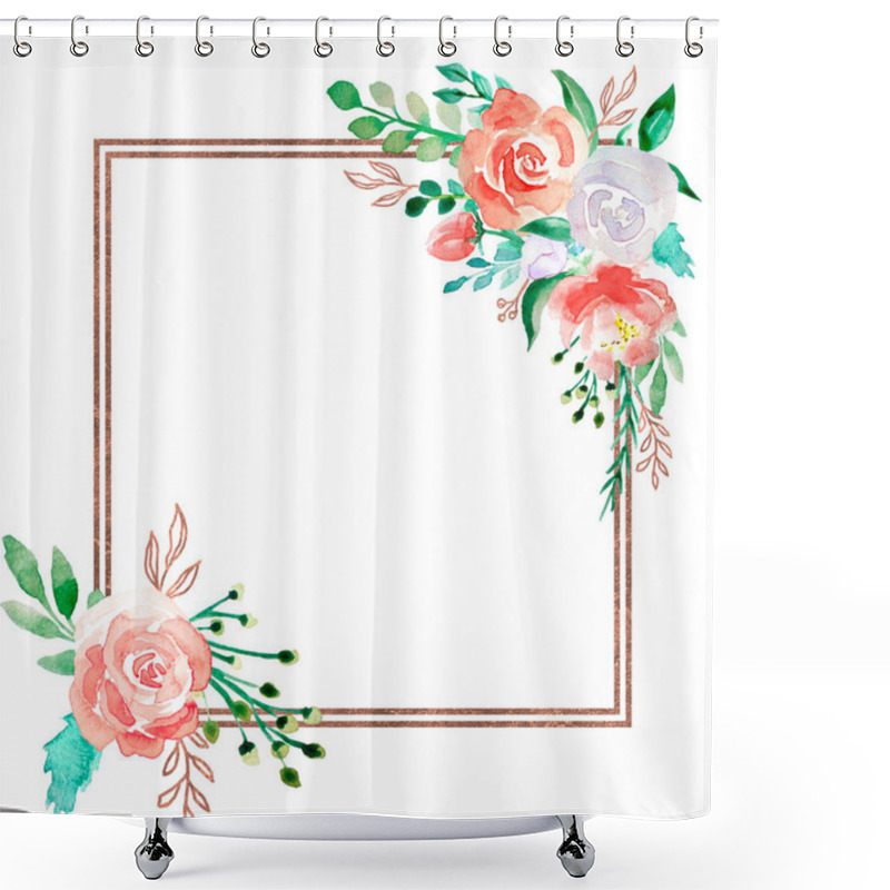 Personality  Watercolor Floral Frame With Golden Bronze Border - Flower Illustration For Wedding, Anniversary, Birthday, Invitations, Romantic Events. On White Background. Pastel Colors.  Shower Curtains