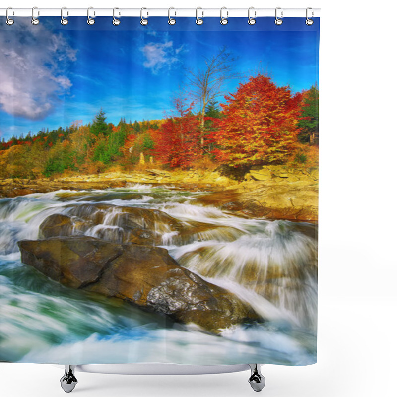 Personality  Mountain Fast Flowing River Stream Of Water In The Rocks At Autu Shower Curtains