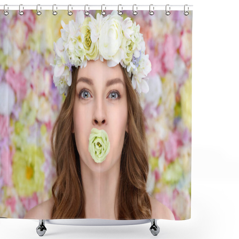 Personality  Young Woman In Floral Wreath With Blossoming Rose Bud In Mouth Shower Curtains