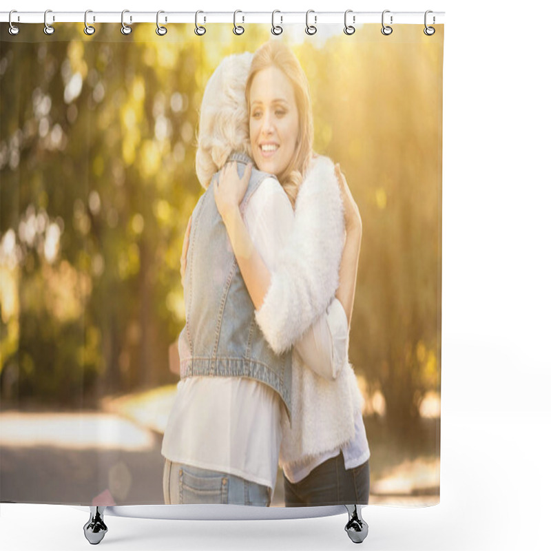 Personality  Positive Young Woman Hugging Pensioner Outdoors Shower Curtains