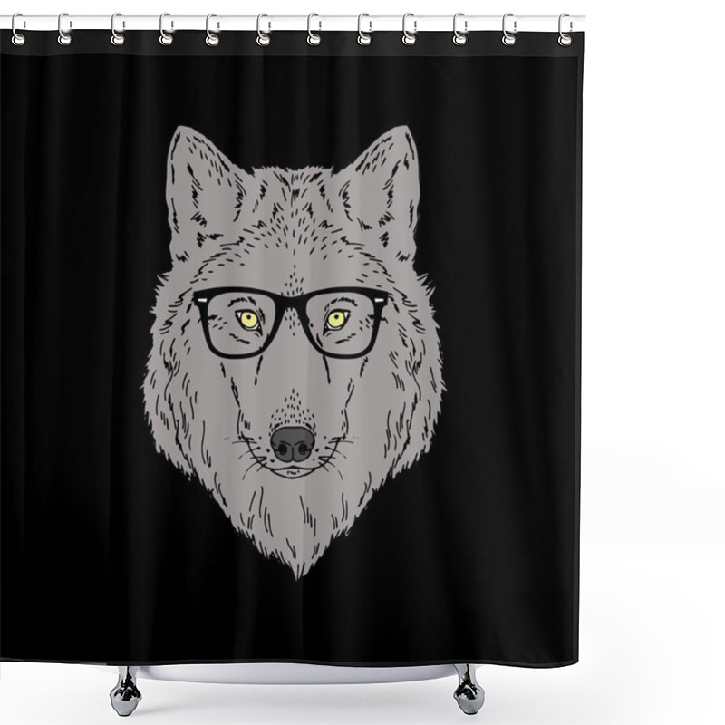 Personality  Forest Wolf Wear Glasses Isolated On Black Background Shower Curtains