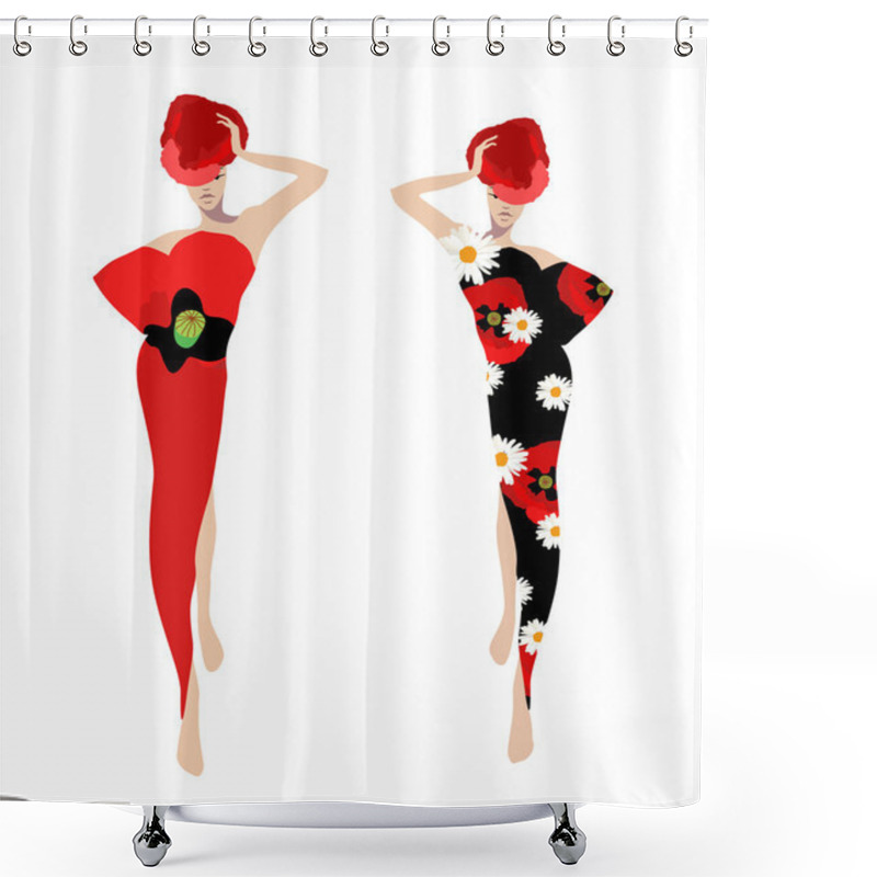 Personality  Abstract Sketch Of The  Models In Floral Dresses (poppy, Chamomile). Fashion Show, Spring-summer, Logo, Isolated On White Shower Curtains