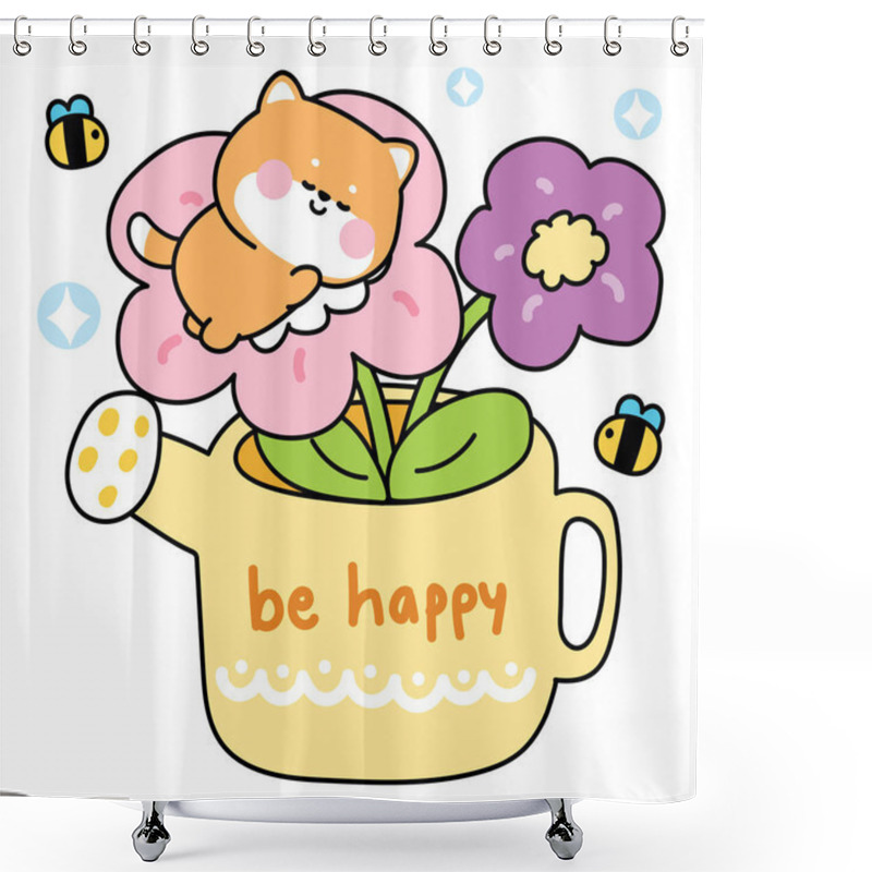 Personality  Cute Shiba Inu Dog Sleep On Big Flower Grow In Watering Can.Bee.Water.Soil.Nature Floral.Japanese Pet Animal Character Cartoon Design.Kawaii.Vector.Illustration. Shower Curtains