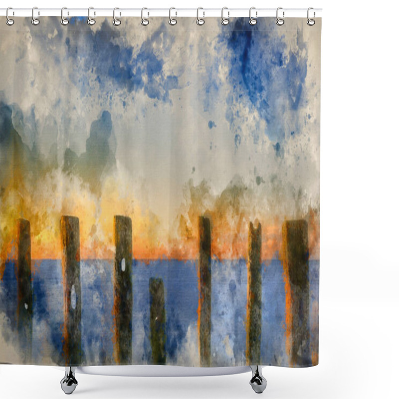 Personality  Watercolor Painting Of Old Groynes Decaying On Beach Against Incoming Tide At Sunrise Shower Curtains