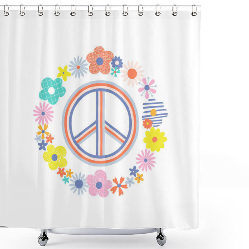 Personality  Bloomy Wreath With Multicoloured Vibrant Decorative Flowers And Pacific Sign Vector Illustration. Shower Curtains