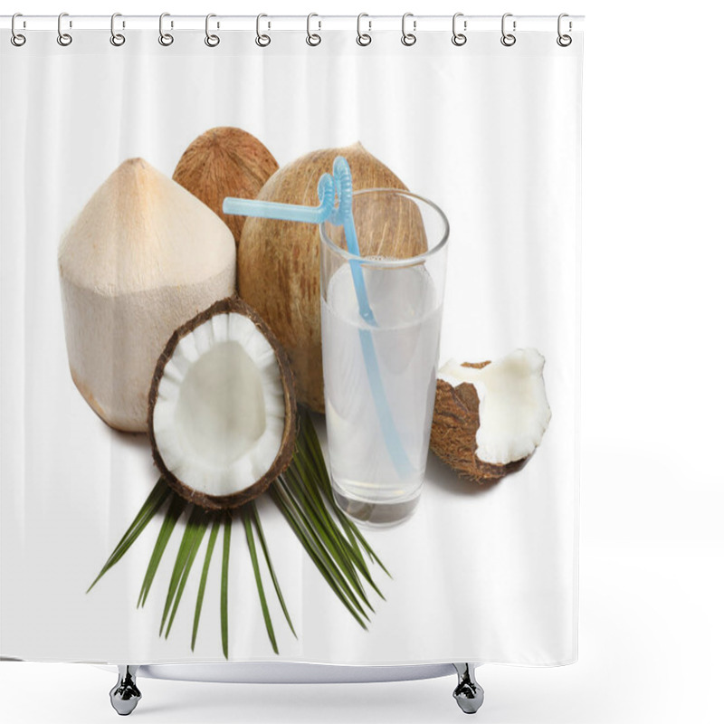 Personality  Glass Of Coconut Milk And Nuts On White Background Shower Curtains